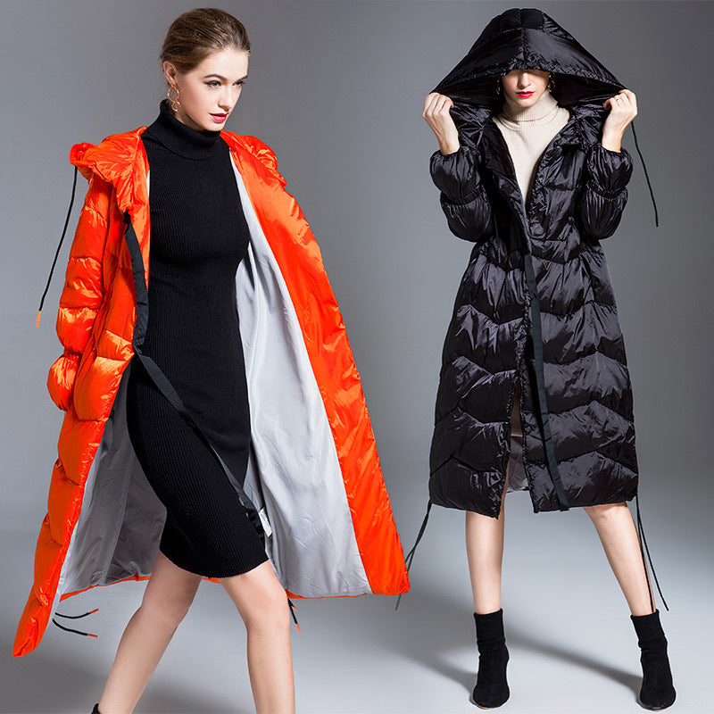Women's Down Jacket Hooded Long Coat – Thickened 90% White Duck Down Slim Fit Winter Jacket