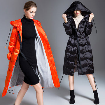 Women's Down Jacket Hooded Long Coat – Thickened 90% White Duck Down Slim Fit Winter Jacket