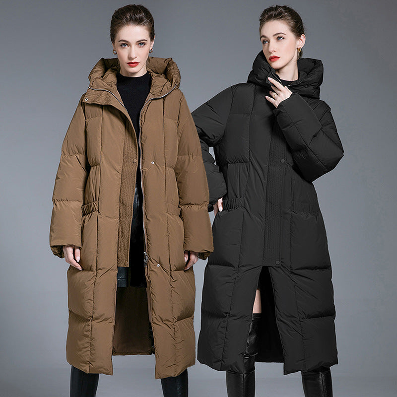 Down Jacket Women’s Hooded Long Coat – Thickened 90% White Duck Down Winter Warm Style