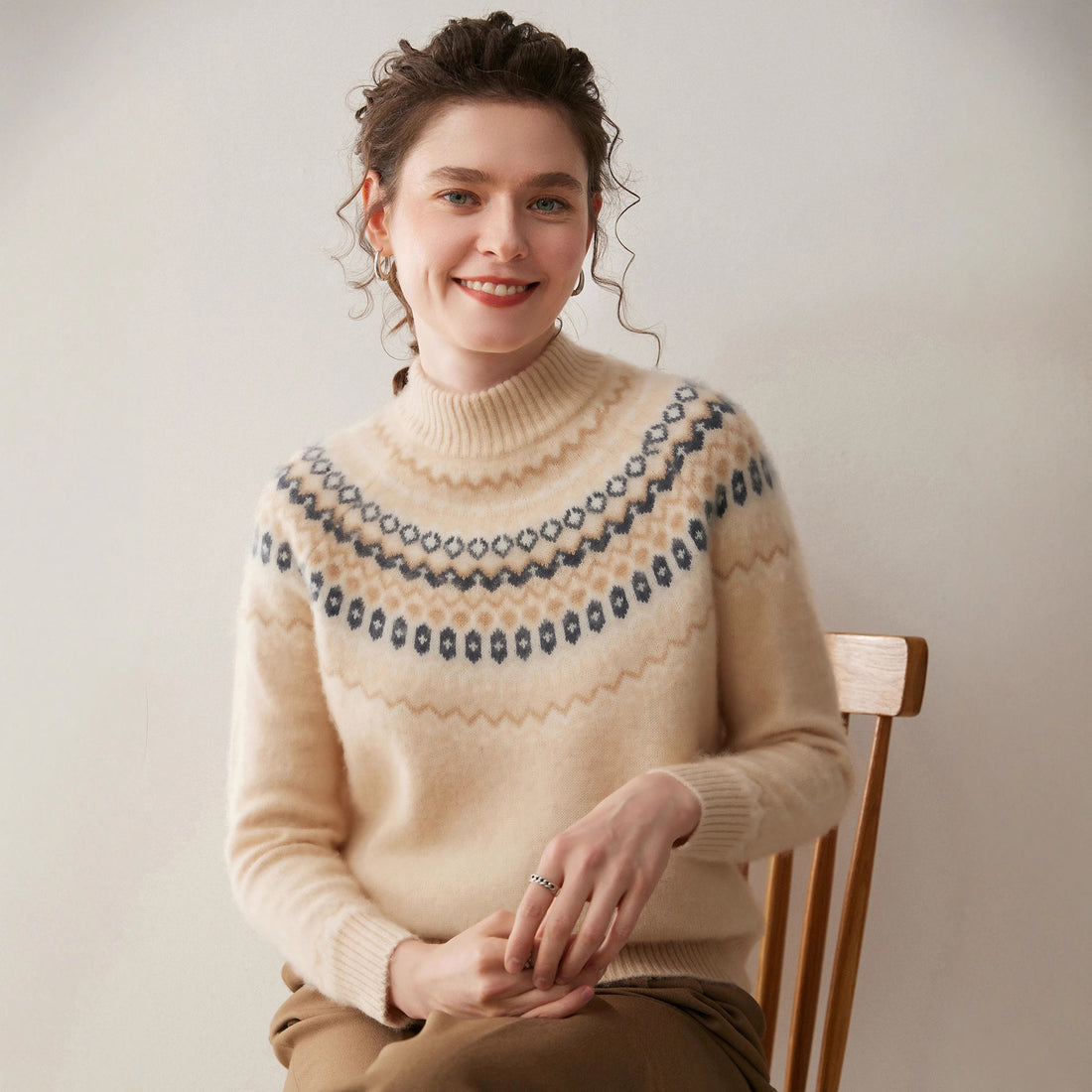 100% Pure Cashmere Fair Isle Half-Turtleneck – Cozy Nordic Luxury - Sainiya Eco Wear