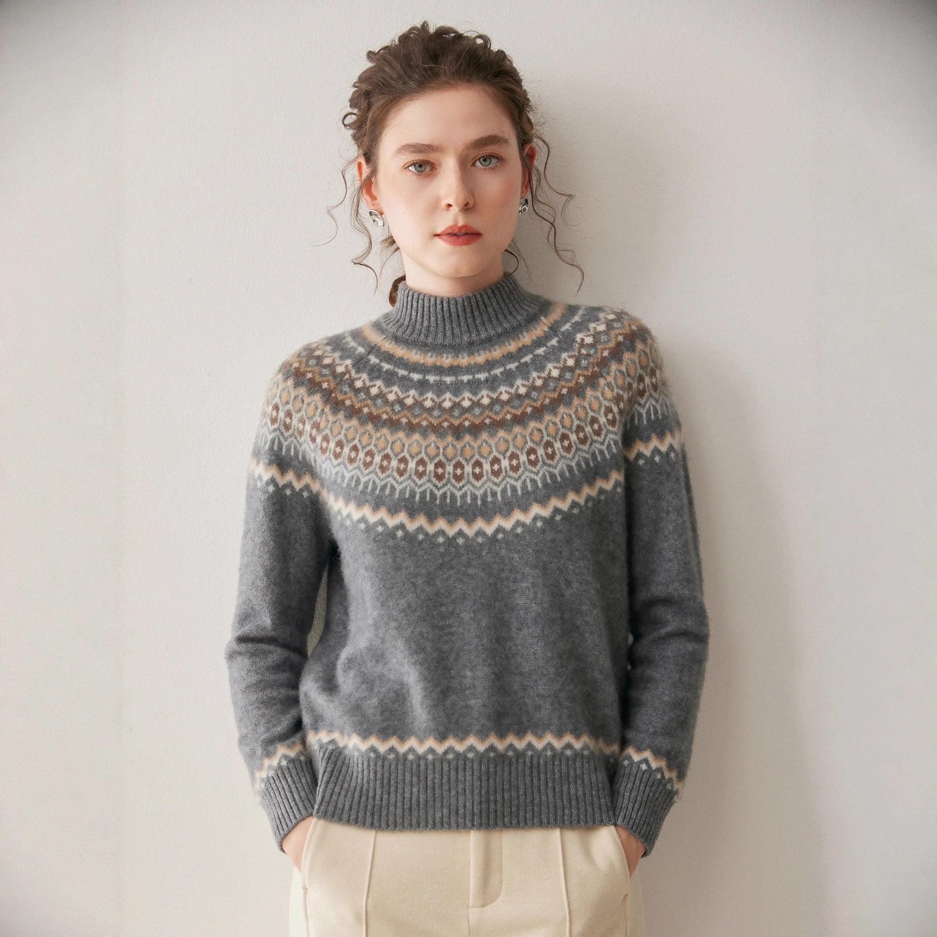 100% Pure Cashmere Fair Isle Half-Turtleneck – Cozy Nordic Luxury - Sainiya Eco Wear