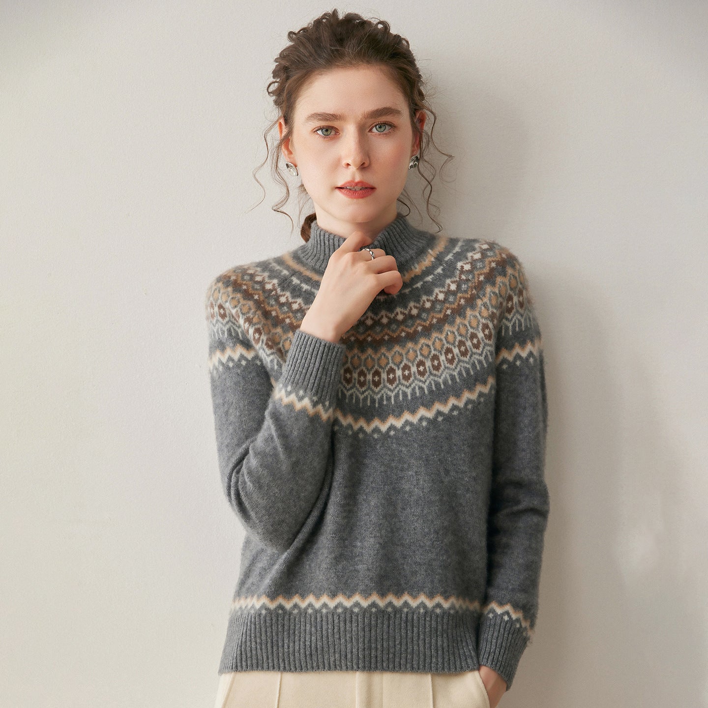 100% Pure Cashmere Fair Isle Half-Turtleneck – Cozy Nordic Luxury - Sainiya Eco Wear