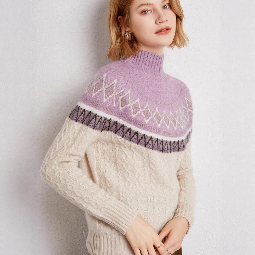 100% Pure Cashmere Retro Jacquard Half-Turtleneck – Thick Nordic Charm - Sainiya Eco Wear