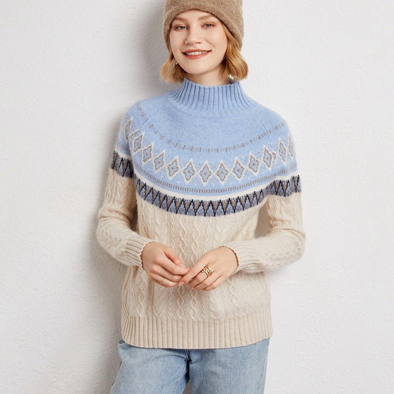 100% Pure Cashmere Retro Jacquard Half-Turtleneck – Thick Nordic Charm - Sainiya Eco Wear