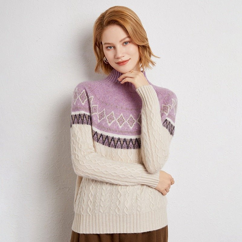 100% Pure Cashmere Retro Jacquard Half-Turtleneck – Thick Nordic Charm - Sainiya Eco Wear