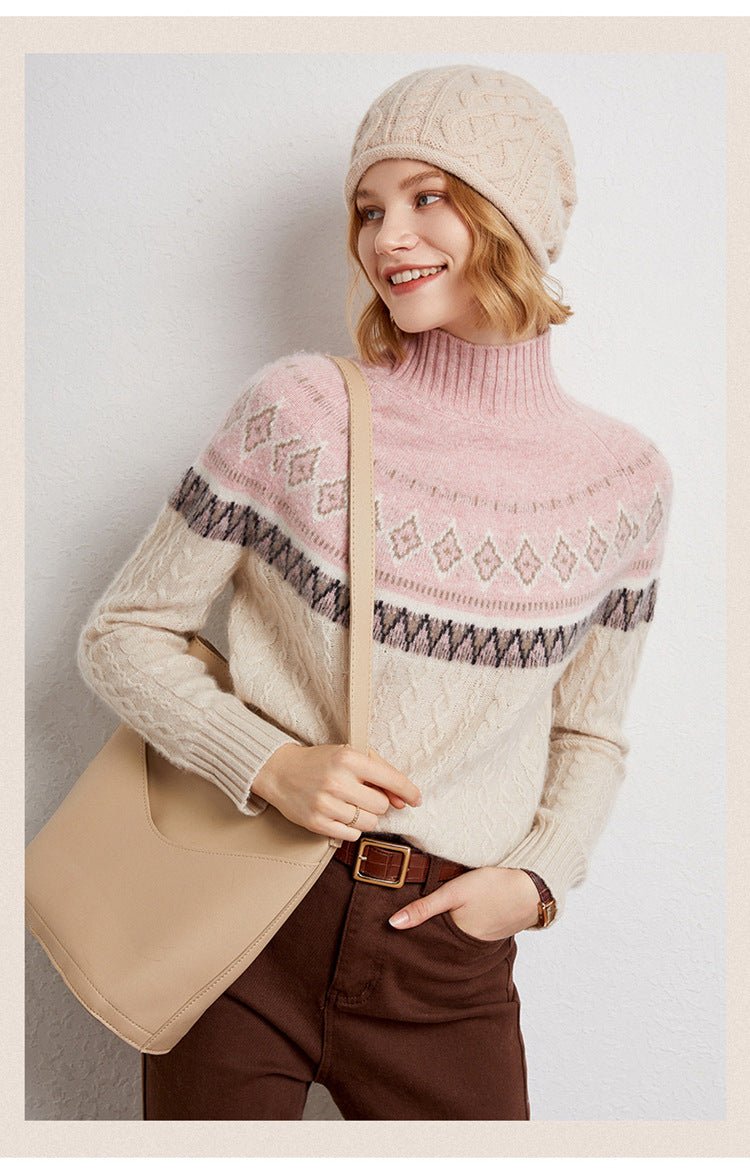 100% Pure Cashmere Retro Jacquard Half-Turtleneck – Thick Nordic Charm - Sainiya Eco Wear