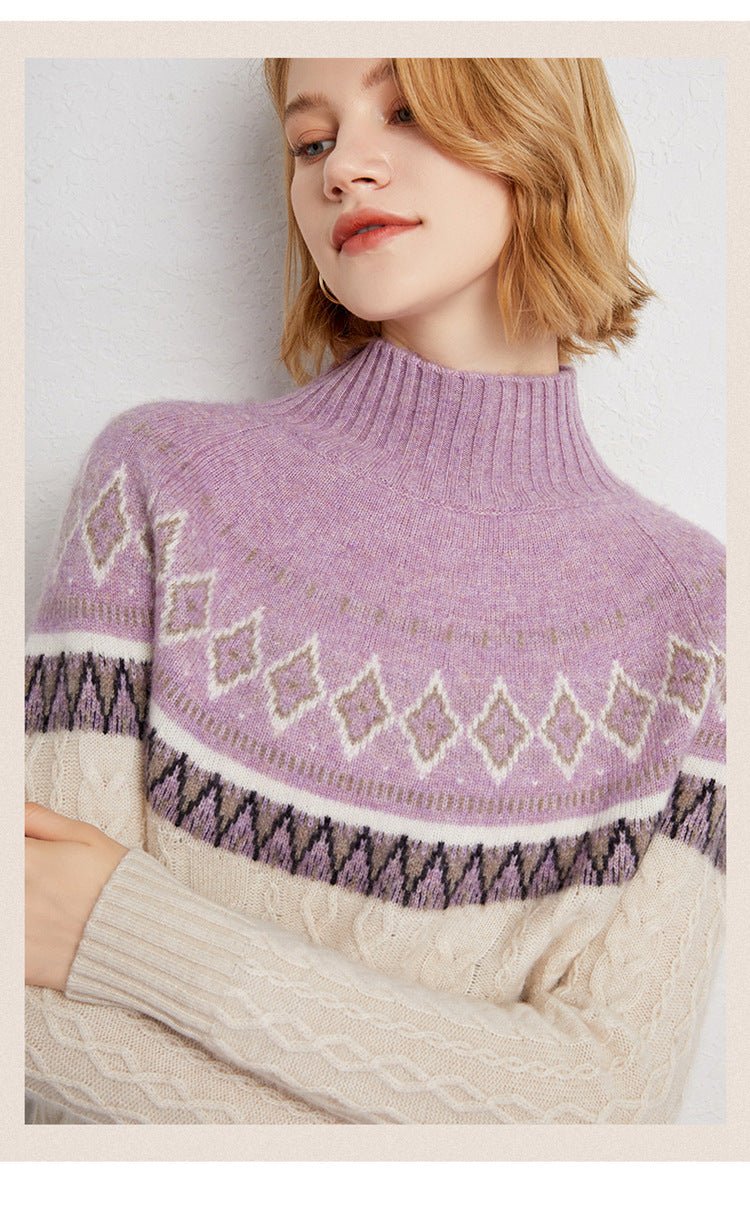 100% Pure Cashmere Retro Jacquard Half-Turtleneck – Thick Nordic Charm - Sainiya Eco Wear