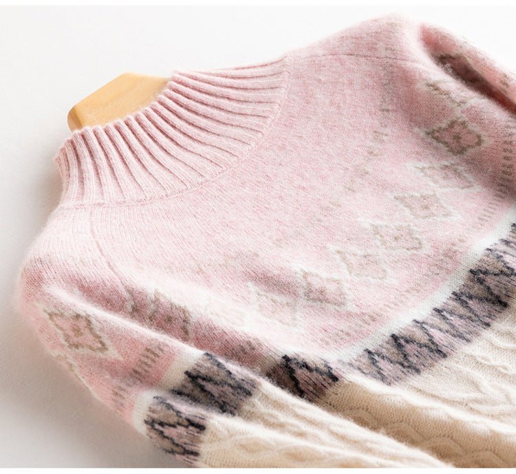 100% Pure Cashmere Retro Jacquard Half-Turtleneck – Thick Nordic Charm - Sainiya Eco Wear