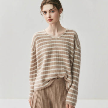 100% Pure Cashmere Striped V-Neck Women’s Sweater – Soft, Stretchy, Layerable Knit - Sainiya Eco Wear