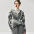 100% Pure Cashmere Striped V-Neck Women’s Sweater – Soft, Stretchy, Layerable Knit - Sainiya Eco Wear