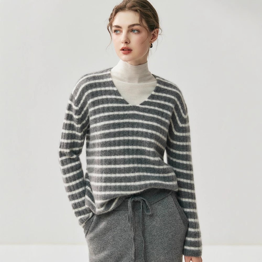 100% Pure Cashmere Striped V-Neck Women’s Sweater – Soft, Stretchy, Layerable Knit - Sainiya Eco Wear