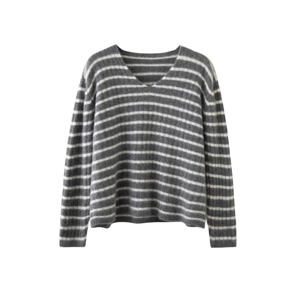 100% Pure Cashmere Striped V-Neck Women’s Sweater – Soft, Stretchy, Layerable Knit - Sainiya Eco Wear