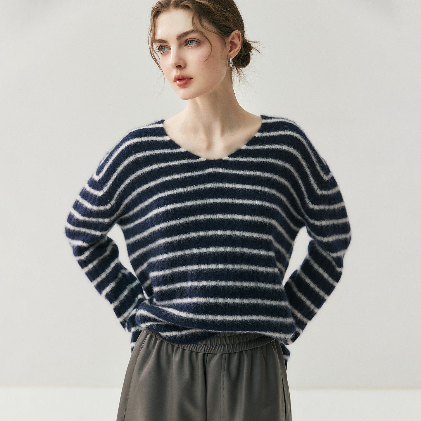 100% Pure Cashmere Striped V-Neck Women’s Sweater – Soft, Stretchy, Layerable Knit - Sainiya Eco Wear