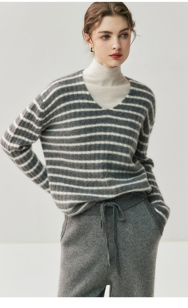 100% Pure Cashmere Striped V-Neck Women’s Sweater – Soft, Stretchy, Layerable Knit - Sainiya Eco Wear