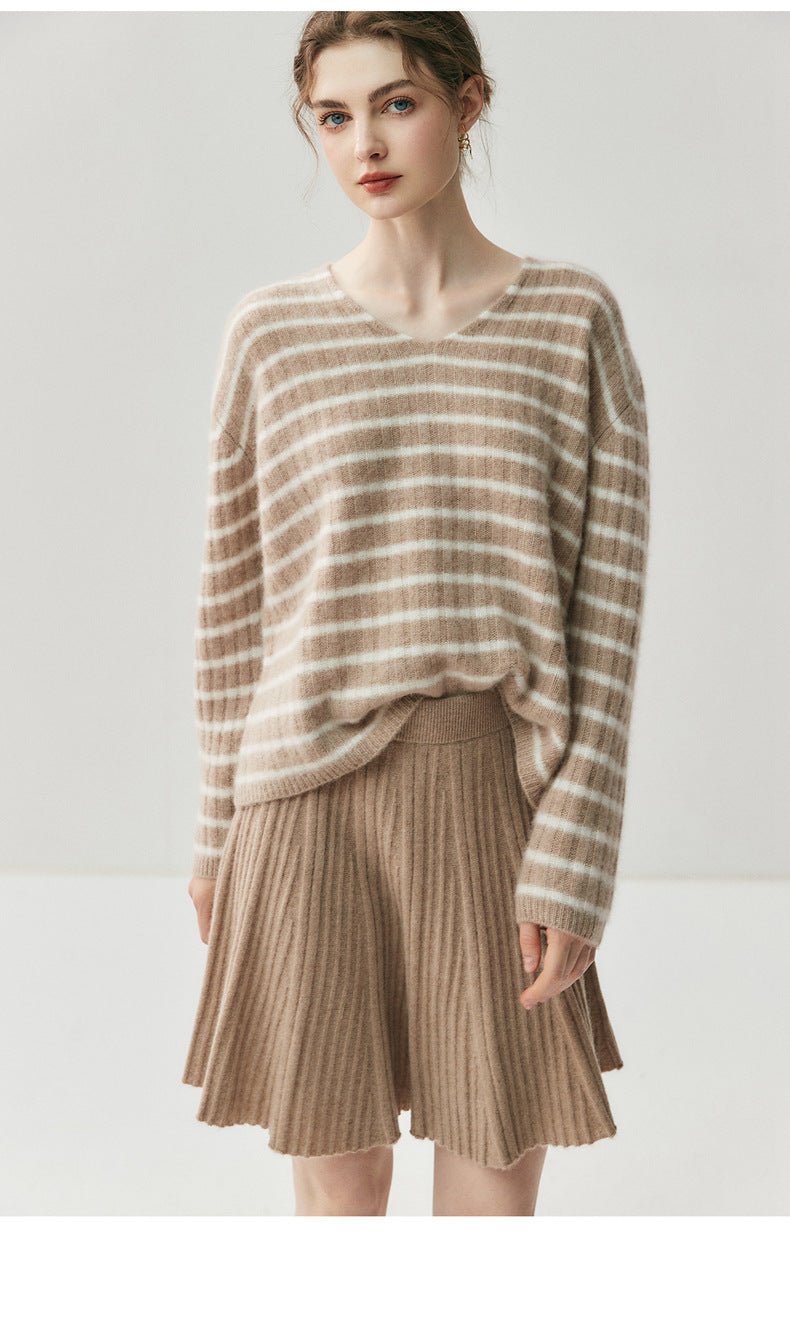100% Pure Cashmere Striped V-Neck Women’s Sweater – Soft, Stretchy, Layerable Knit - Sainiya Eco Wear