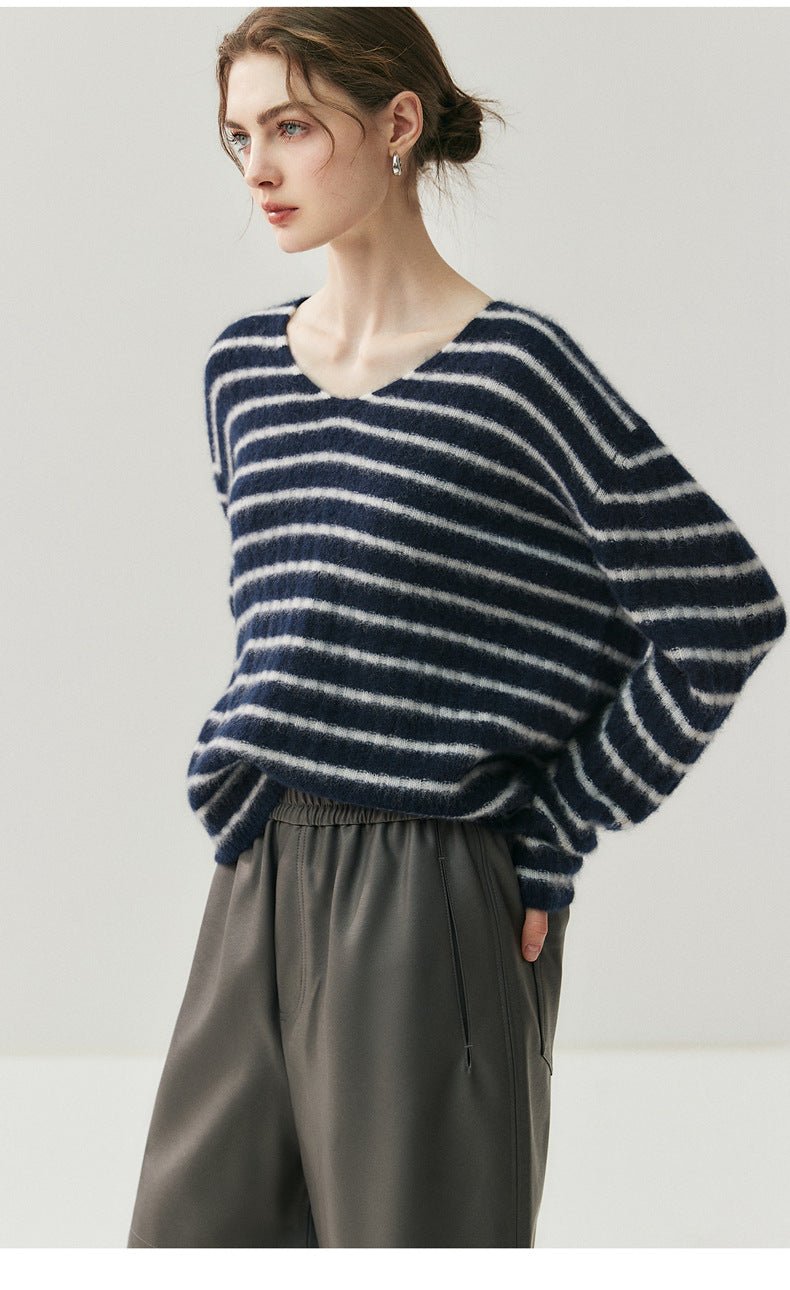100% Pure Cashmere Striped V-Neck Women’s Sweater – Soft, Stretchy, Layerable Knit - Sainiya Eco Wear