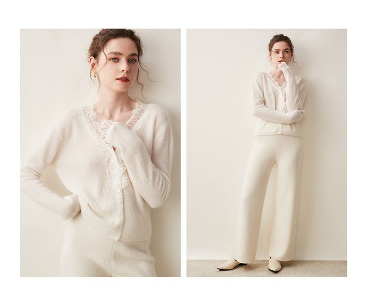 SoftLace — Women’s Baby Cashmere Lace-Trim V-Collar Cardigan - Sainiya Eco Wear