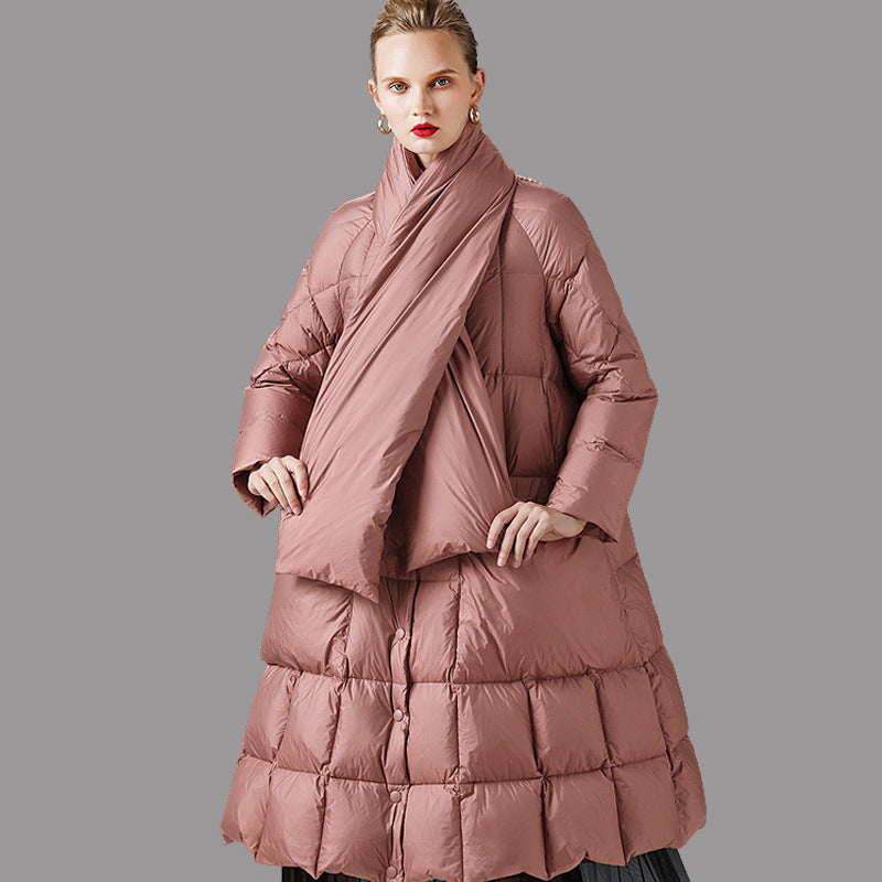 Down Jacket Women – 2025 A-Line Loose Fit Scarf Collar Coat, Thickened White Duck Down