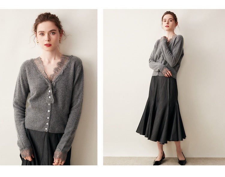 SoftLace — Women’s Baby Cashmere Lace-Trim V-Collar Cardigan - Sainiya Eco Wear