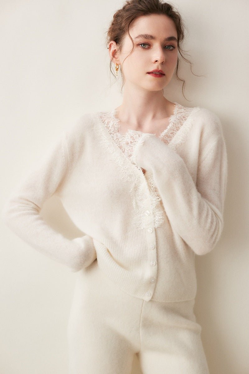 SoftLace — Women’s Baby Cashmere Lace-Trim V-Collar Cardigan - Sainiya Eco Wear
