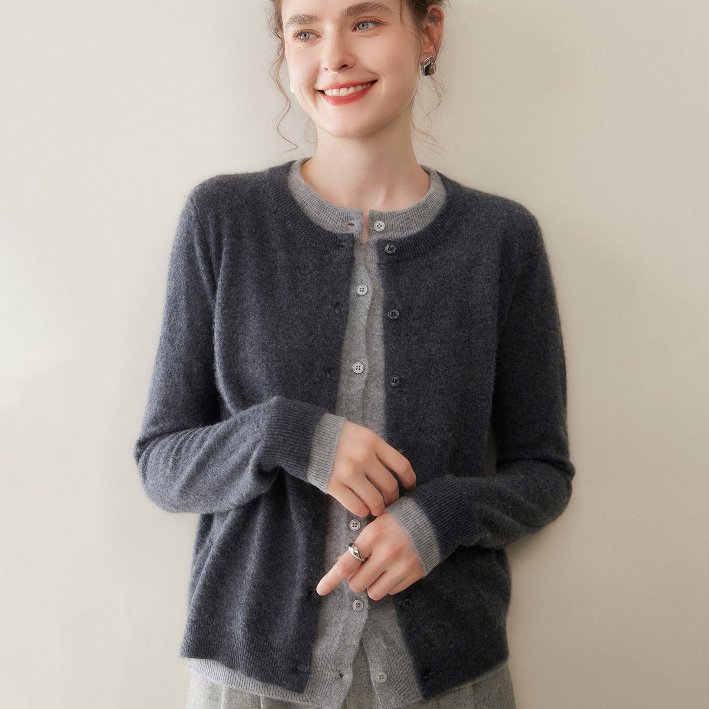 SoftKnit — Women’s Round Neck Color-Block Faux Two-Piece Cashmere Cardigan - Sainiya Eco Wear