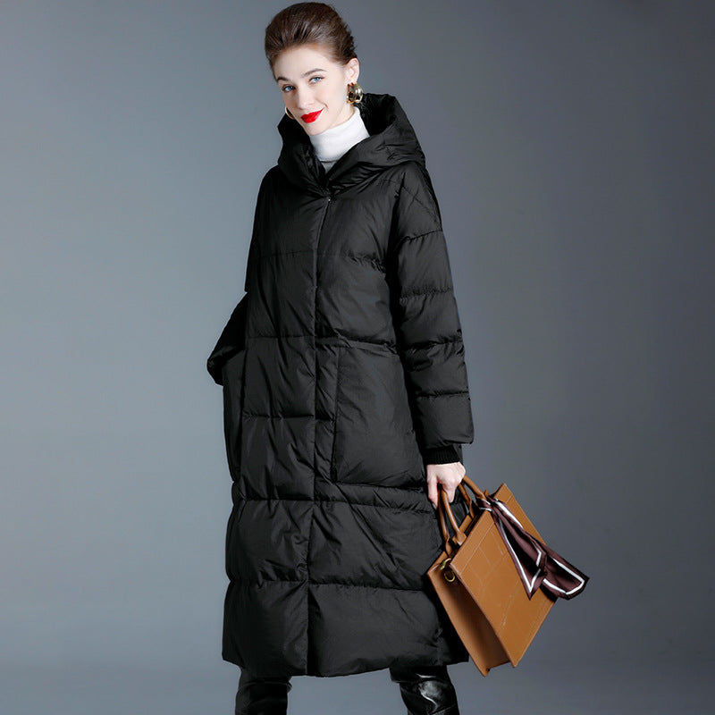 Down Jacket Women’s Plus Size Long Coat – Thickened 90% White Duck Down Winter Over-the-Knee Style