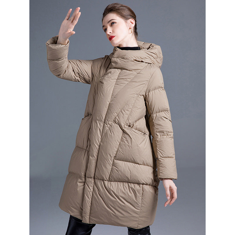 Down Jacket Women Mid-Length Coat – Thickened Warm Loose Fit White Duck Down