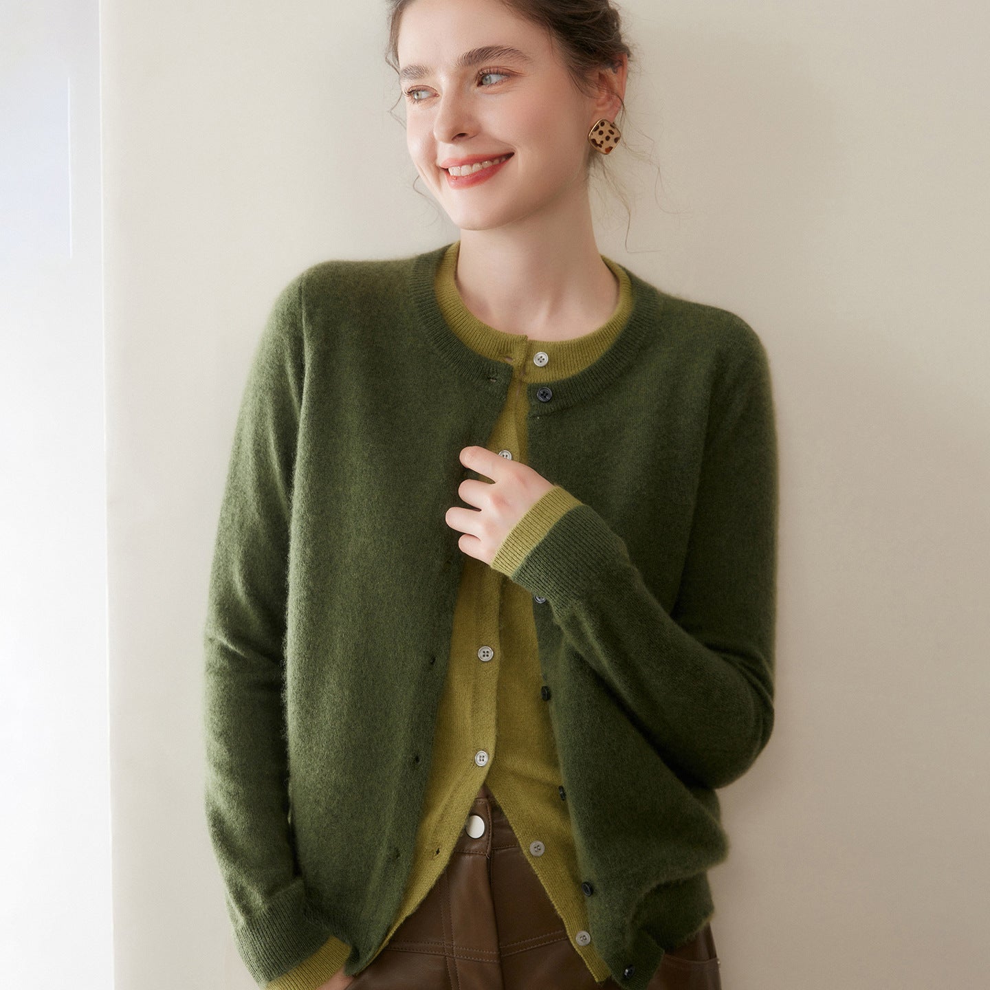 SoftKnit — Women’s Round Neck Color-Block Faux Two-Piece Cashmere Cardigan - Sainiya Eco Wear