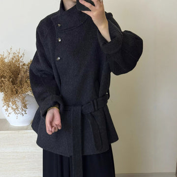 Women’s Double-Sided Wool Coat – Mid-Length Elegant Tie Waist Jacket, High-End Stand Collar Outerwear