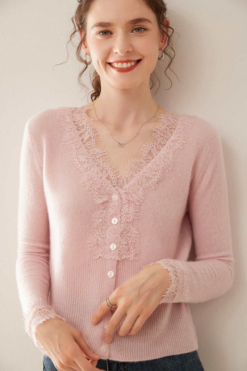 SoftLace — Women’s Baby Cashmere Lace-Trim V-Collar Cardigan - Sainiya Eco Wear