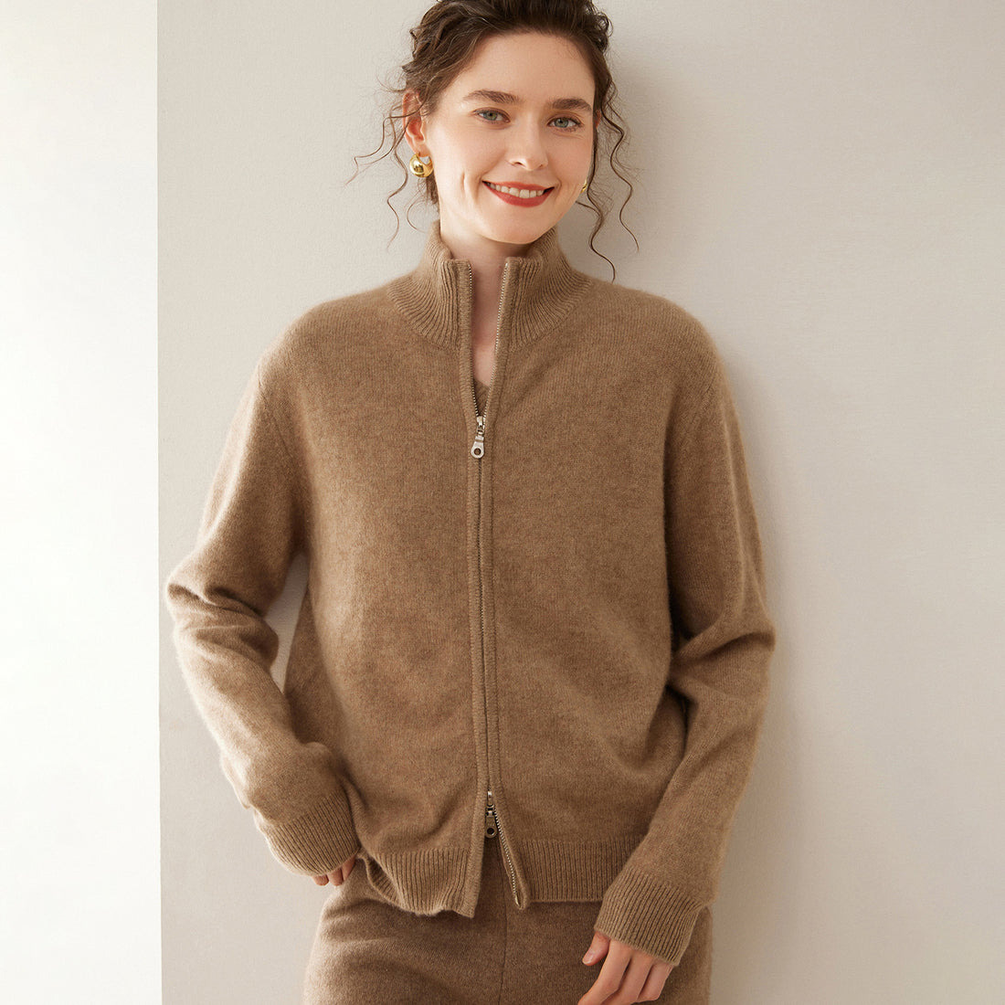Cashmere Cardigan – Women’s Thickened Stand-Collar Double-Zip Sweater Coat