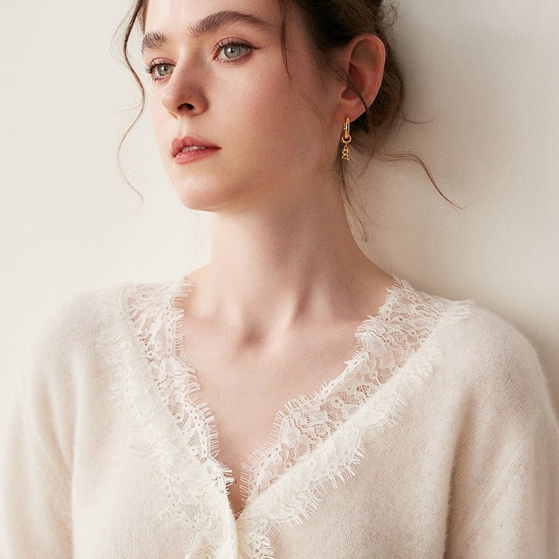 SoftLace — Women’s Baby Cashmere Lace-Trim V-Collar Cardigan - Sainiya Eco Wear