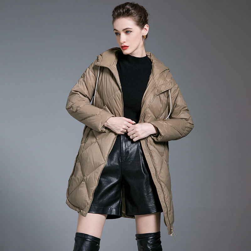 Down Jacket Women’s Winter Mid-Length Coat – Lightweight 90% White Duck Down Diamond Pattern Style