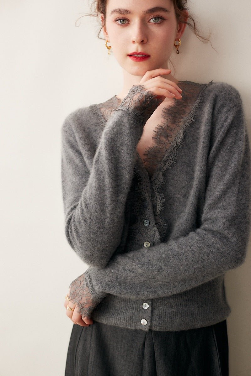 SoftLace — Women’s Baby Cashmere Lace-Trim V-Collar Cardigan - Sainiya Eco Wear
