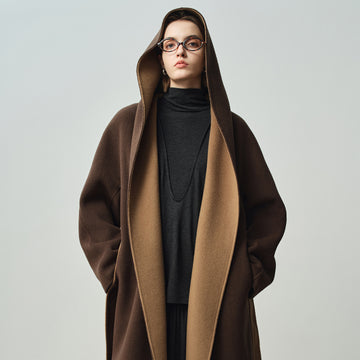 Stylish Long Wool Cashmere Coat for Women – Cozy Double-Sided Hooded Outerwear for Autumn & Winter