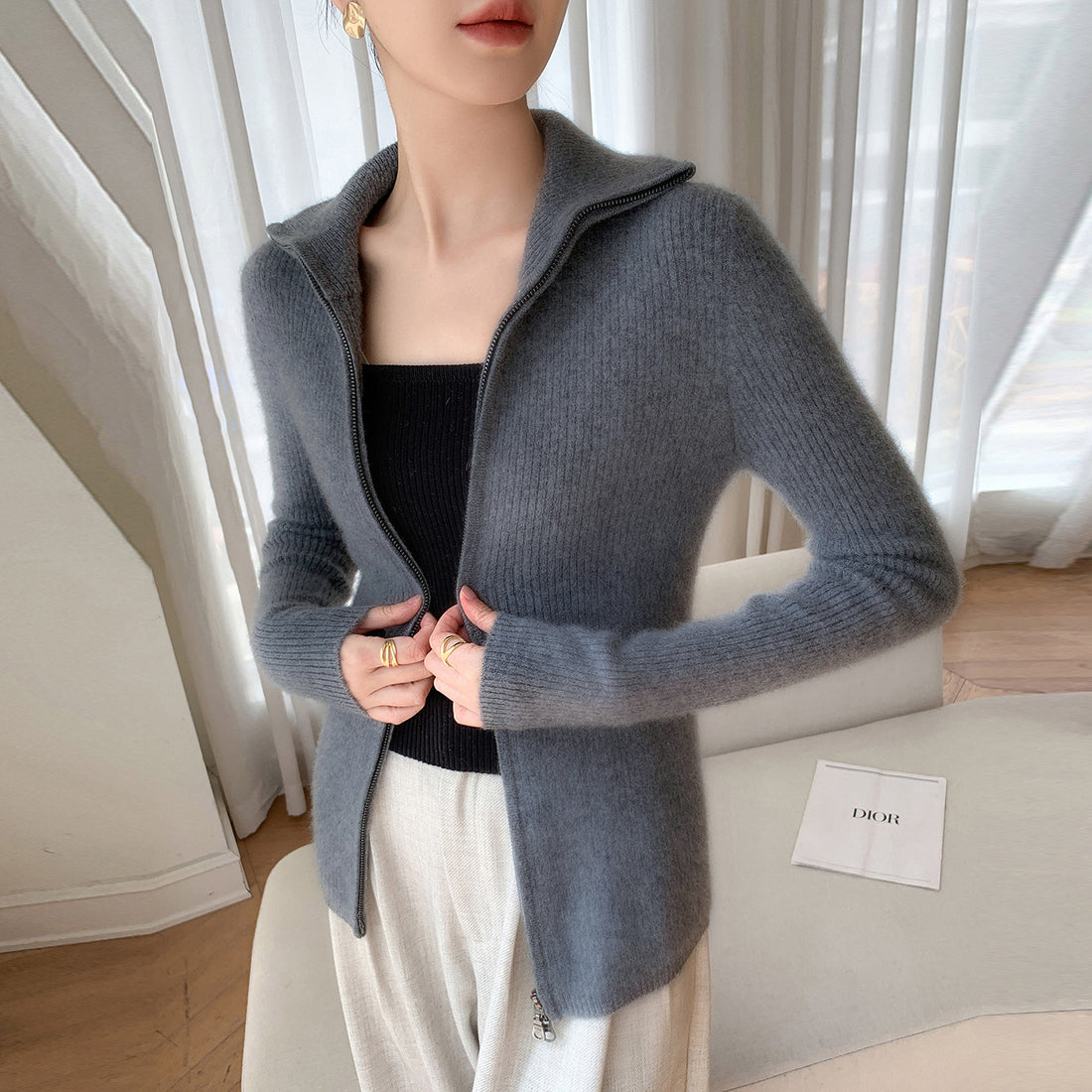 Cashmere Cardigan – 100% Pure Cashmere Double Zipper Turn-Down Collar Jacket