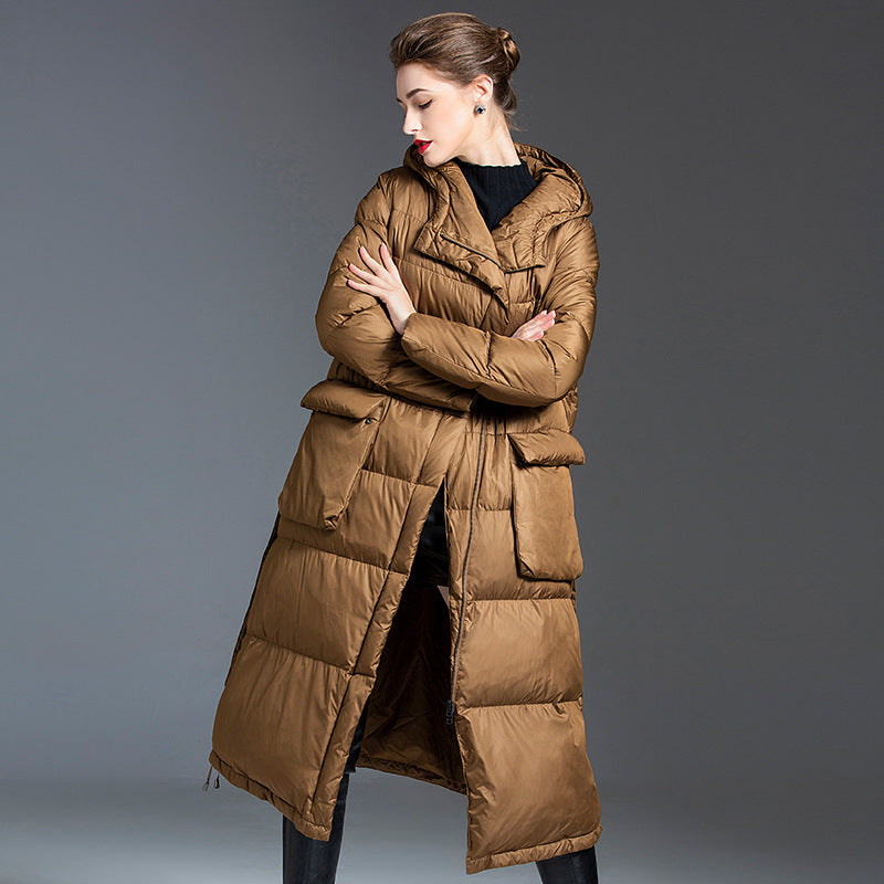Down Jacket Women’s Hooded Long Coat – Thickened 90% White Duck Down Winter Style