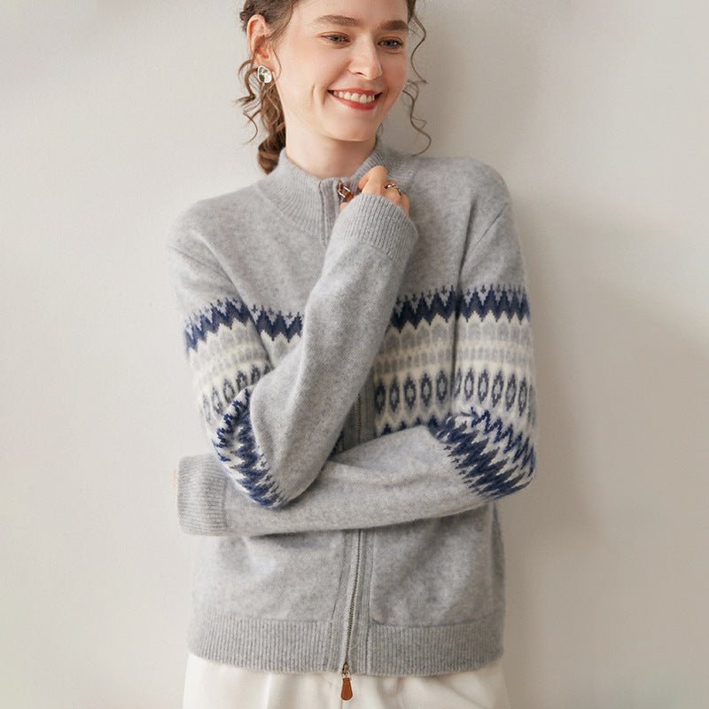 Cashmere Cardigan – Thickened 100% Cashmere Fair Isle Zip Sweater - Sainiya Eco Wear