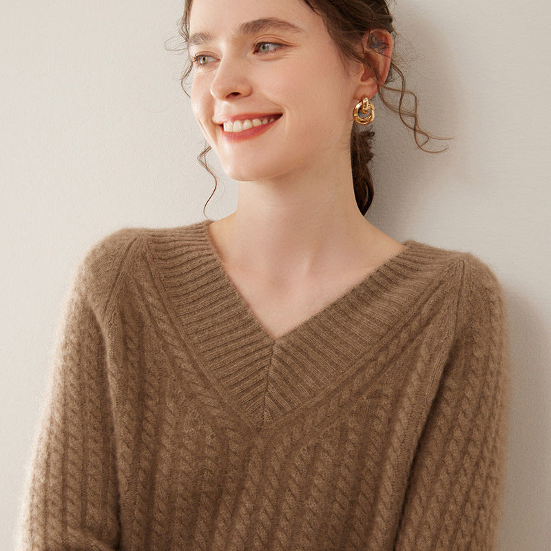 Cashmere V-Neck Sweater for Women – Thickened Cable Knit Loose Base Layer