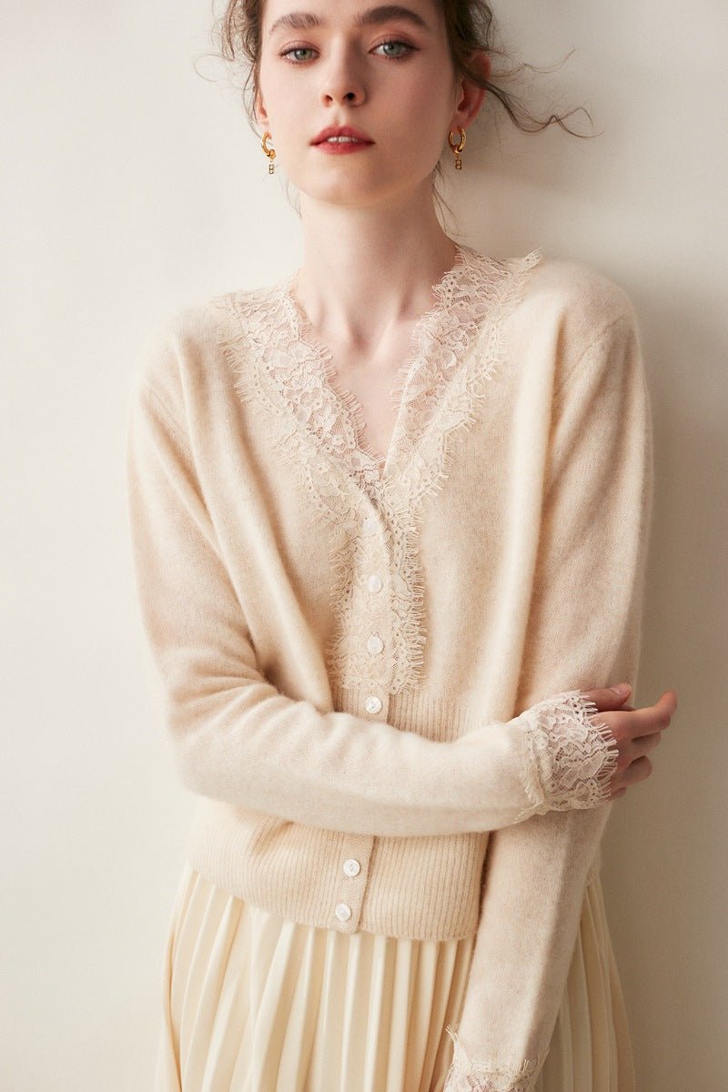 SoftLace — Women’s Baby Cashmere Lace-Trim V-Collar Cardigan - Sainiya Eco Wear
