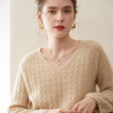 Cashmere V-Neck Women’s Sweater – 100% Pure Thickened Twist Knit