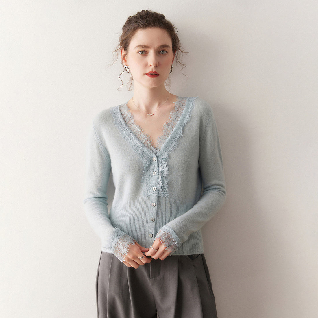 Cashmere Cardigan – French Lace V-Collar 100% Pure Cashmere Sweater