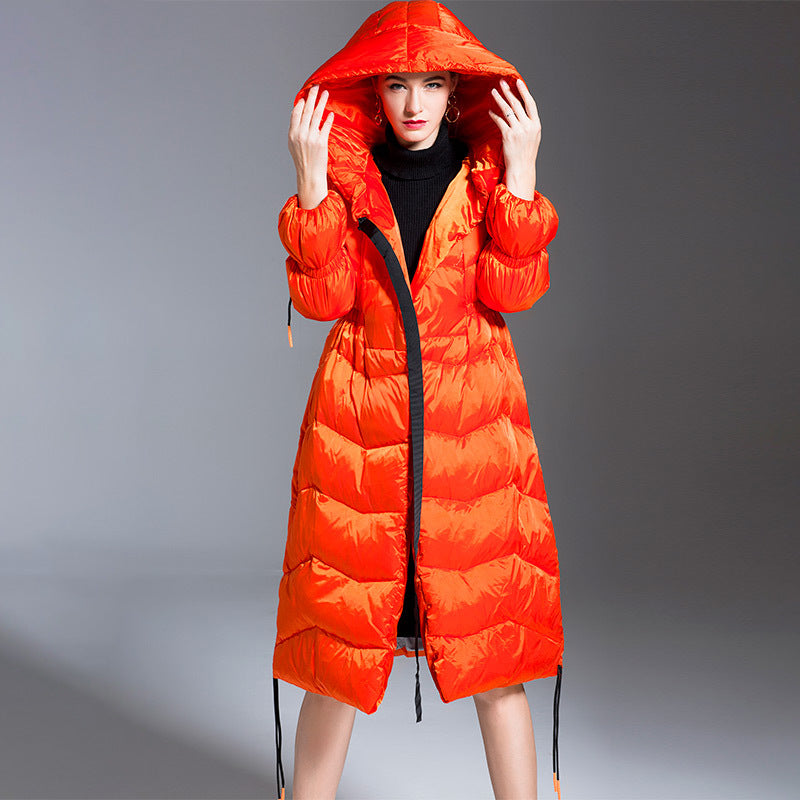 Women's Down Jacket Hooded Long Coat – Thickened 90% White Duck Down Slim Fit Winter Jacket