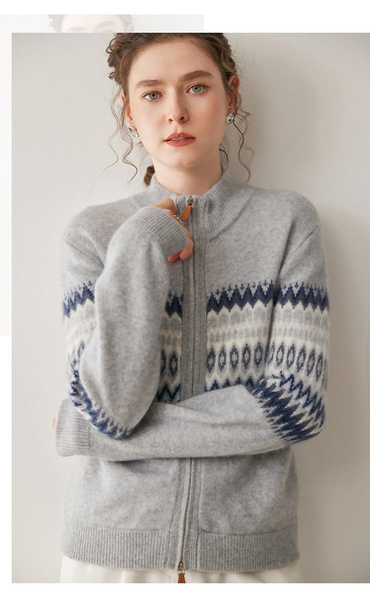 Cashmere Cardigan – Thickened 100% Cashmere Fair Isle Zip Sweater - Sainiya Eco Wear