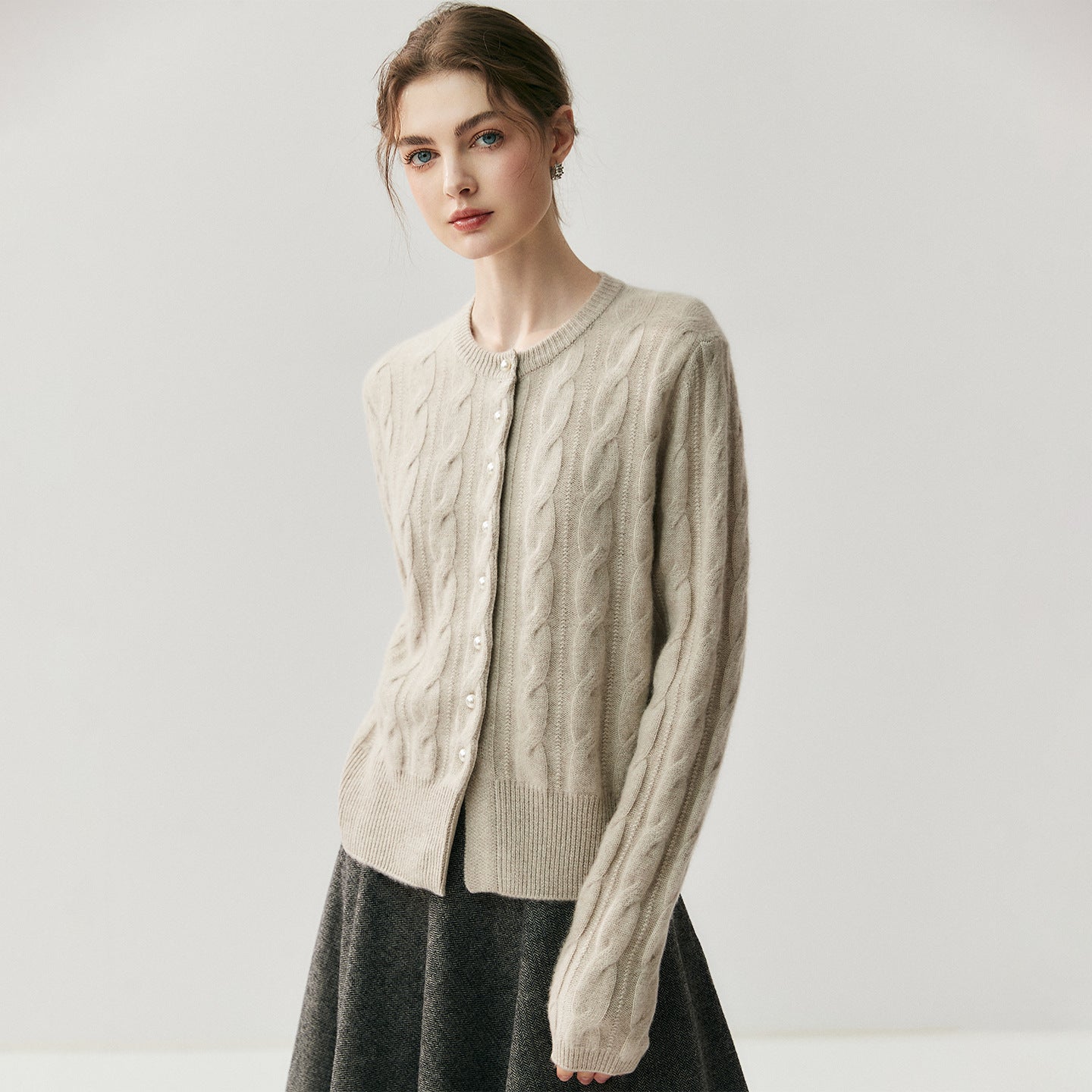 Chic Cashmere Cardigan – Pearl Button Heavy Braided Knit - Sainiya Eco Wear