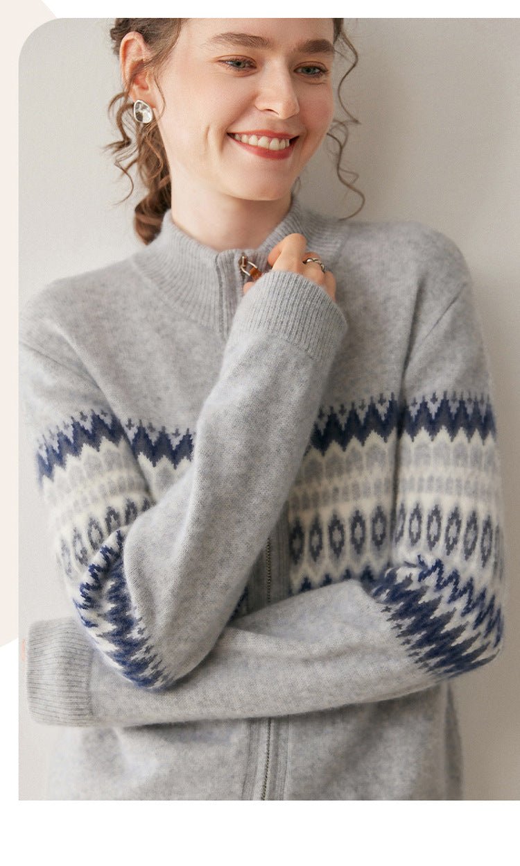 Cashmere Cardigan – Thickened 100% Cashmere Fair Isle Zip Sweater - Sainiya Eco Wear