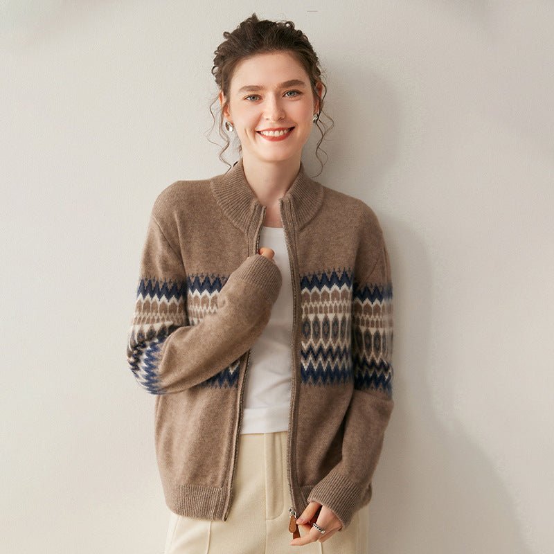 Cashmere Cardigan – Thickened 100% Cashmere Fair Isle Zip Sweater - Sainiya Eco Wear