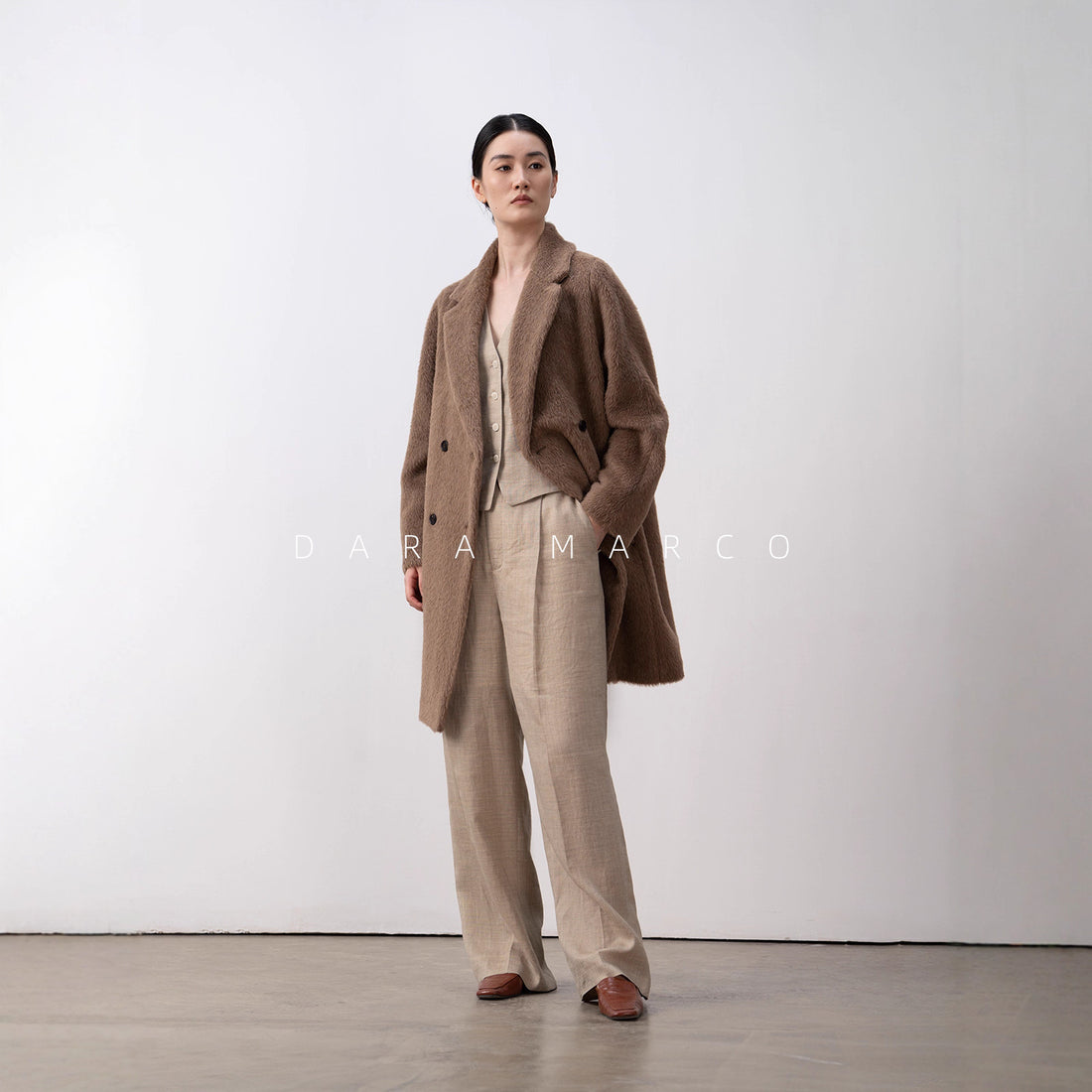 Alpaca Wool Double-Breasted Mid-Length Coat for Women – Winter