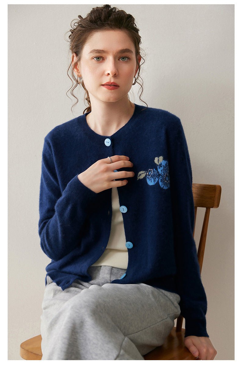 CashmereWeave — Women’s 100% Pure Cashmere Embroidered Round-Neck Cardigan - Sainiya Eco Wear