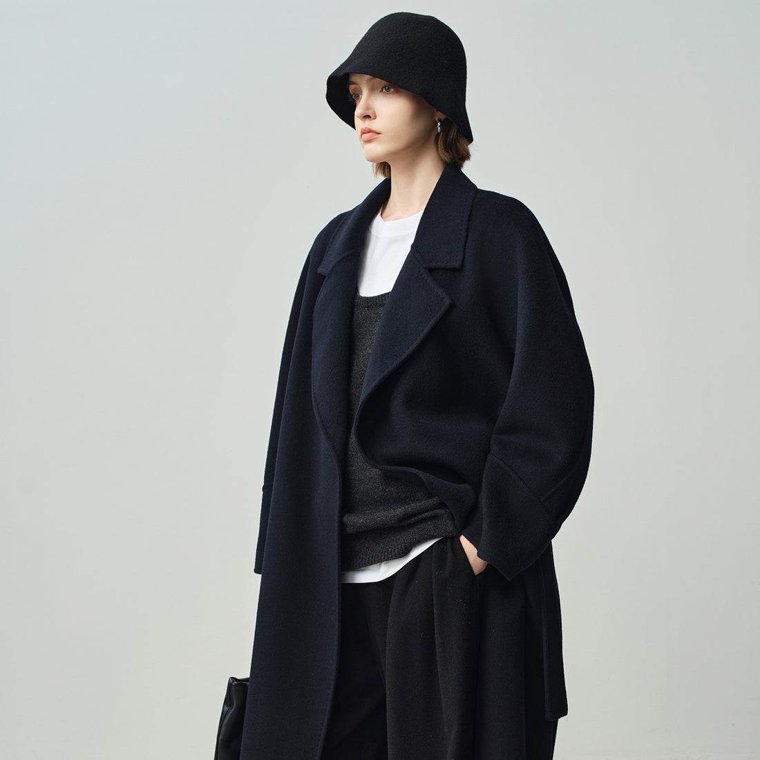 Cashmere Coat Women – Long Double-Sided Wool Tie Coat, Elegant Minimalist Overcoat